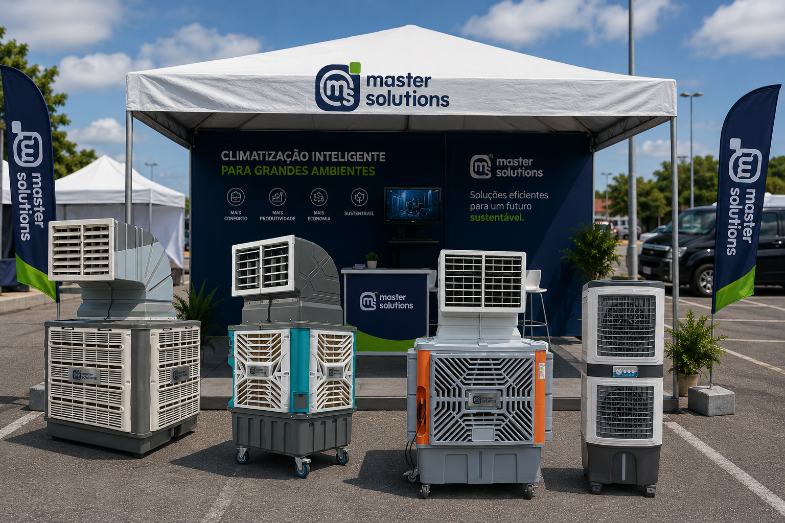 Climatizadores evaporativos Master Solutions em exposição na tenda